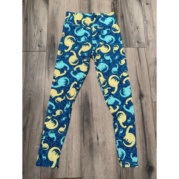 LulaRoe One Size Blue Yellow Dinosaur Leggings "Unicorn Rare Print" - Picture 1 of 4
